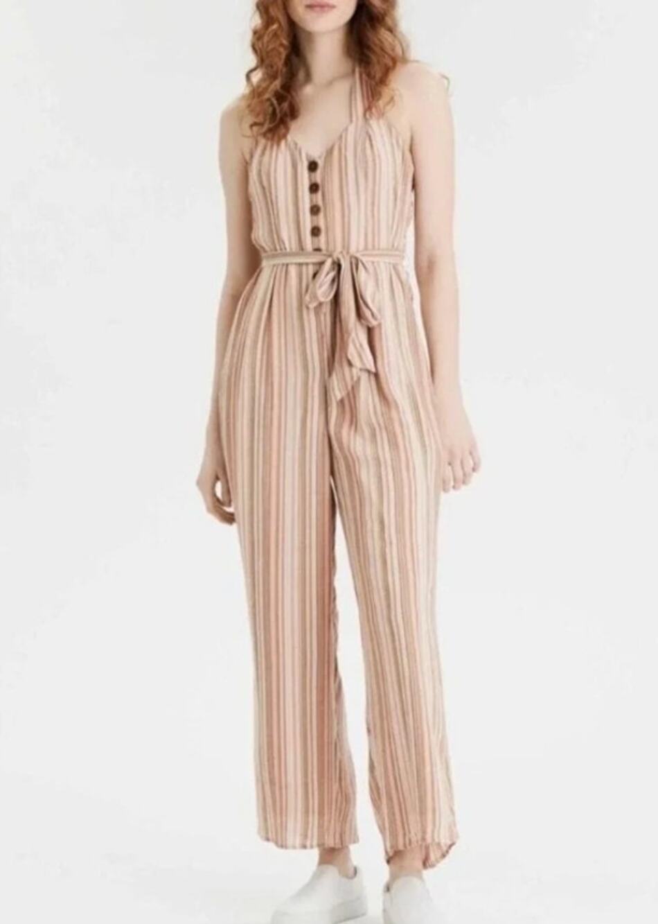 American Eagle AEO Striped Halter Neck wide leg jumpsuit size large boho summer